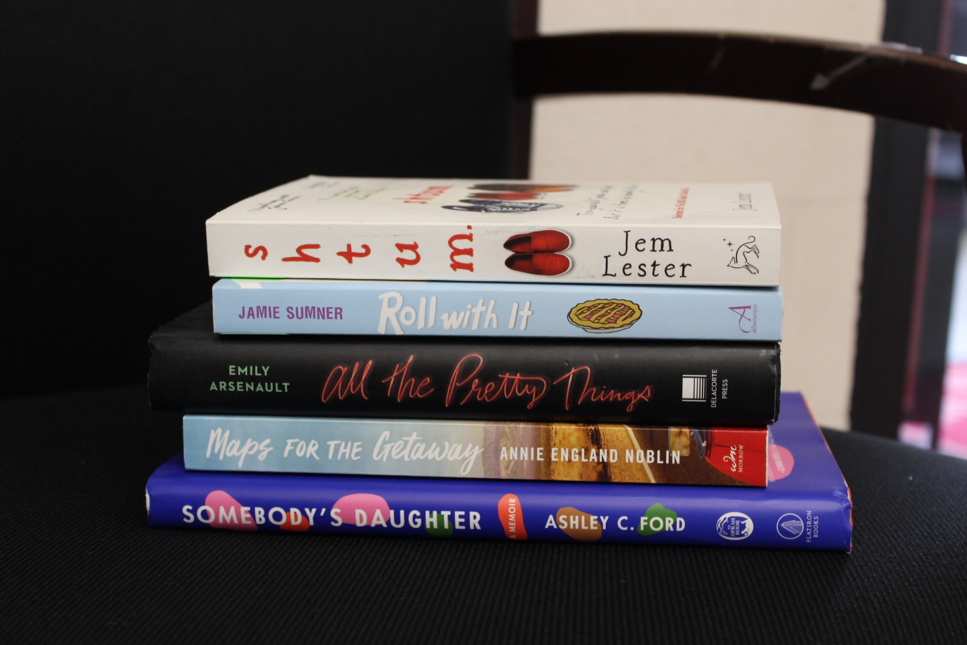 Stack of new books featured at the Missouri State Bookstore.